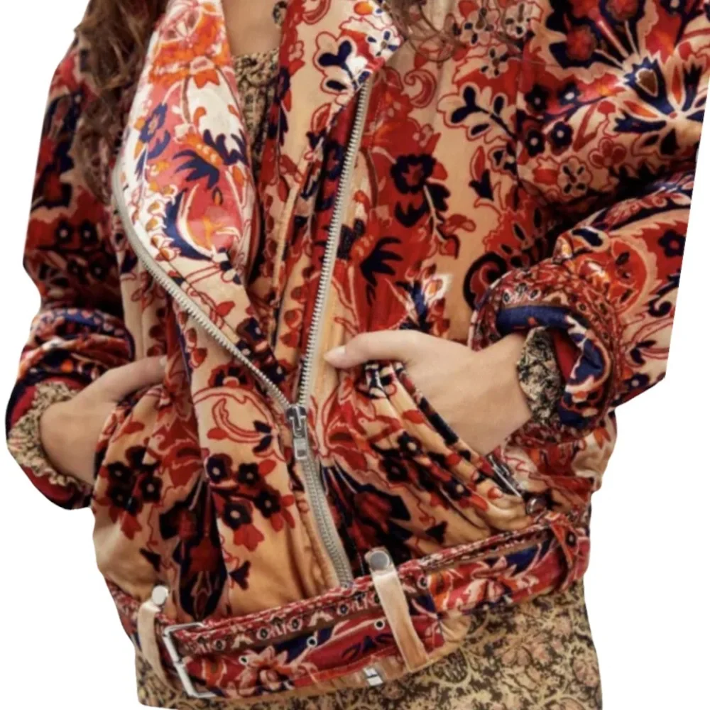 Free People Bailey Velvet Moto Sm Blue Red Floral Jacket Coat - Picture 2 of 7